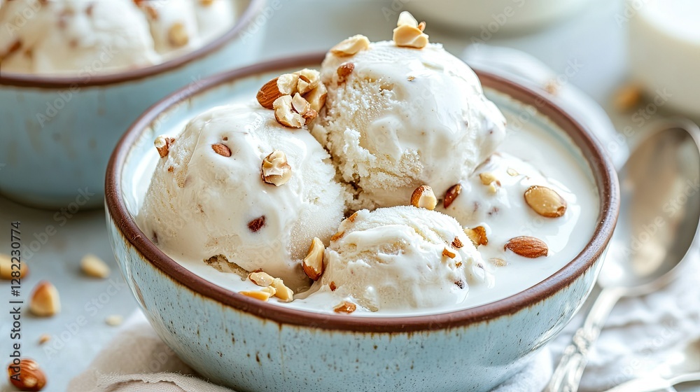 A soft-focus background with coconut milk ice cream in a ceramic bowl, garnished with roasted peanuts and sweetened milk A soft-focus background with coconut milk ice cream in a ceramic bowl, garnished with roasted peanuts and sweetened milk