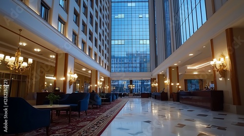 Grand Lobby Interior with Chandeliers Seating and Expansive Glass Windows Affluent Ambience photo
