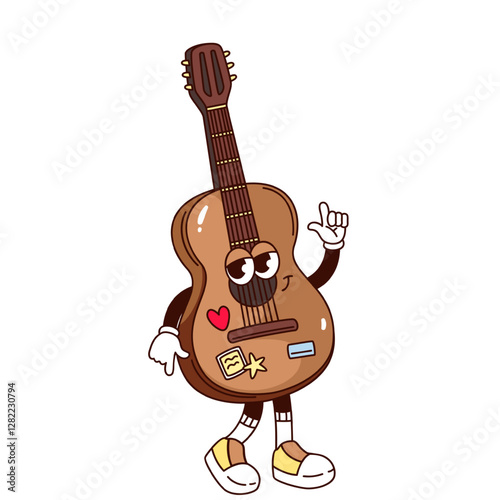 Groovy dance of guitar cartoon character with heart and star stickers. Funny retro musical instrument of hippie tourist. Camping mascot, cartoon guitar personage of 70s 80s style vector illustration