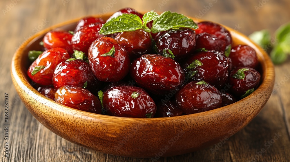 Candied grapes with mint in wooden bowl on rustic table Candied grapes with mint in wooden bowl on rustic table