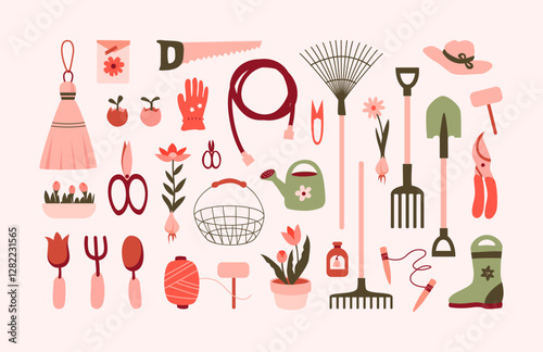 Spring collection of garden tools. Shovel, rake, scissors, pruning shears, rope, watering can, basket, saw, flowers, gloves