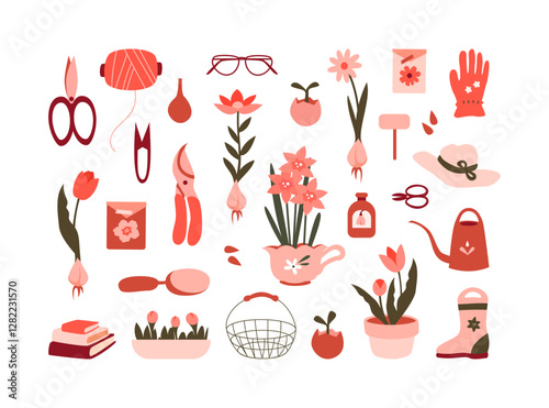 Spring collection of gardening elements, growing flowers. Sprouts, seeds, scissors, secateurs, watering can, flowers, gloves