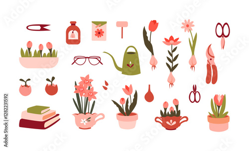 Spring set of cute potted flowers, tulips and daffodils. Watering can, flowers, seeds, books, secateurs, scissors