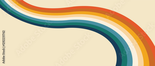 Vintage 70s retro background vector. Abstract wavy stripes in warm colors on a light backdrop. Nostalgic mid-century style wallpaper for posters, banners, and decorative design