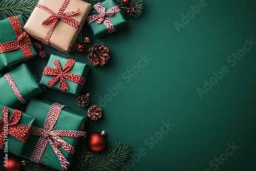 Beautifully Wrapped Christmas Gifts with Green Bows on Green Background