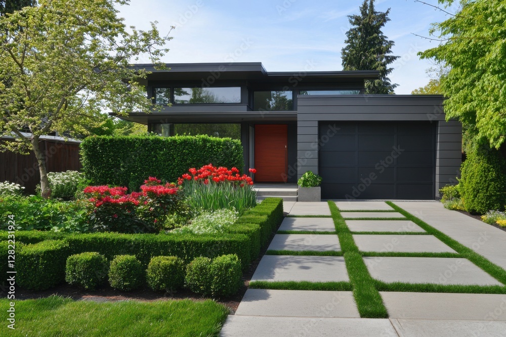 Naklejka premium Modern home exterior with vibrant garden, lush greenery, and striking entrance, showcasing contemporary architectural design and beautiful landscaping in daylight