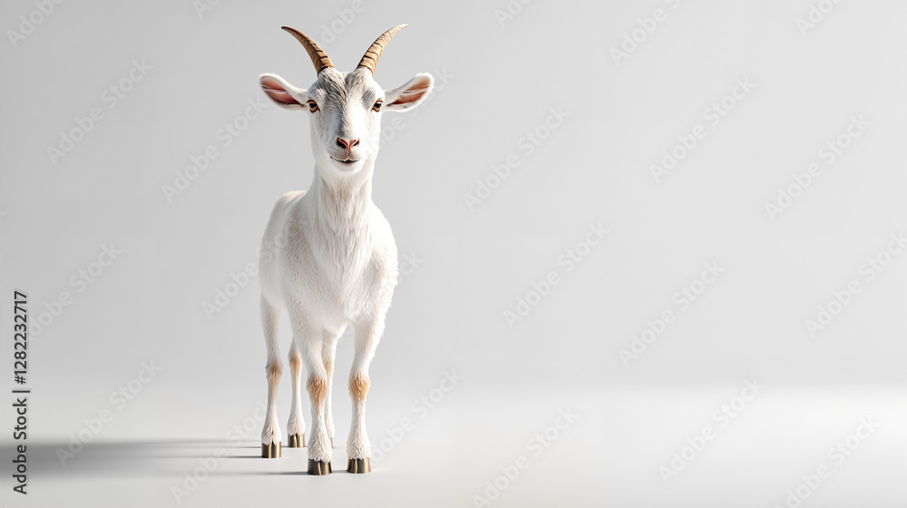 Cute white goat standing upright with curious expression in a minimalistic studio setting Cute white goat standing upright with curious expression in a minimalistic studio setting