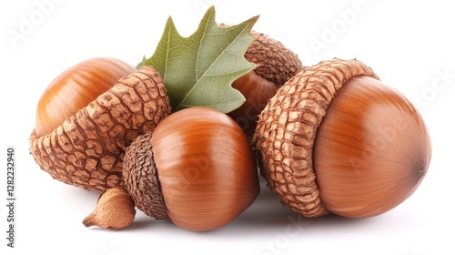 Acorns and oak leaf on white background for autumn designs