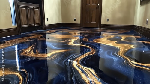 custom epoxy floor featuring artistic abstract designs, metallic finishes and a flawless high-gloss surface
