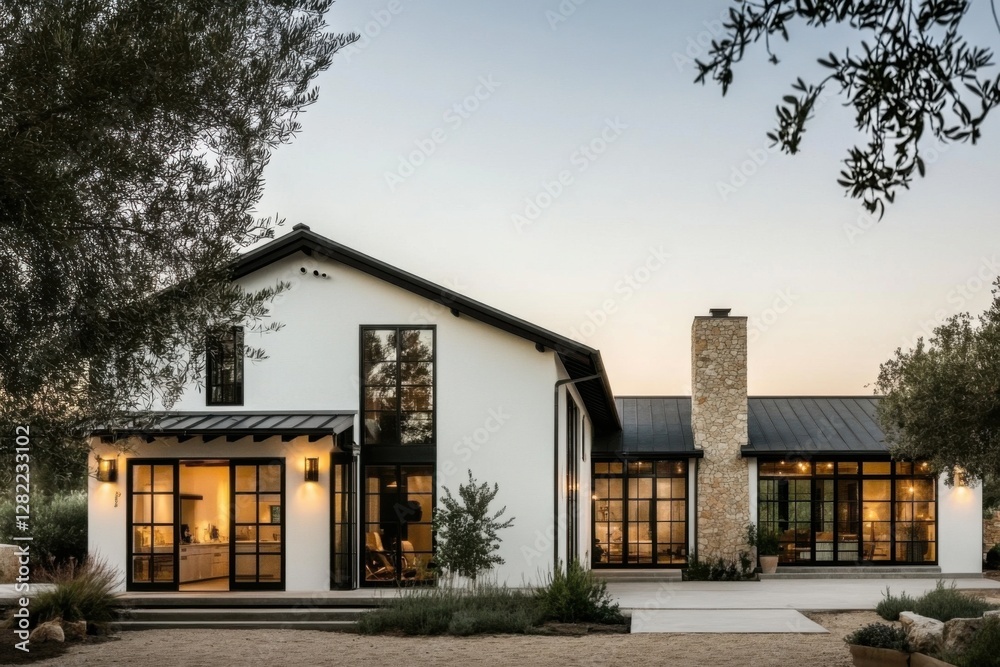 Fototapeta premium A contemporary white house featuring expansive windows and a lovely outdoor area, nestled among trees at twilight in a peaceful neighborhood