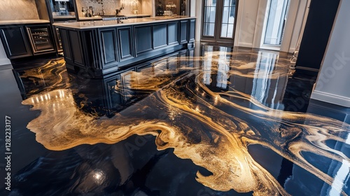 custom epoxy floor featuring artistic abstract designs, metallic finishes and a flawless high-gloss surface