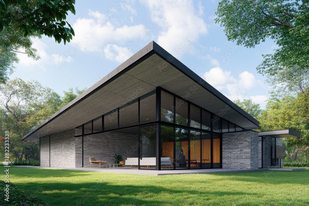 Modern architectural design showcases a spacious house with large glass windows surrounded by greenery, blending seamlessly into a natural landscape Modern architectural design showcases a spacious house with large glass windows surrounded by greenery, blending seamlessly into a natural landscape