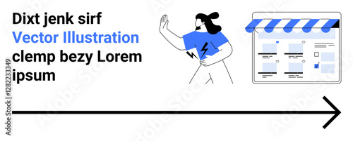 Woman gesturing towards a digital storefront with text elements in a modern design. Ideal for e-commerce, marketing, web design, online shopping, technology, digital marketing, business strategy