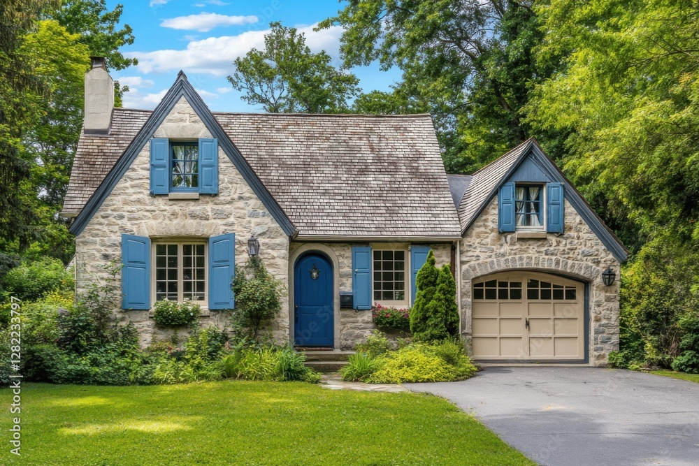 Nestled in a vibrant, green neighborhood, this charming stone house features beautiful blue shutters and a welcoming entrance, perfect for enjoying a sunny day Nestled in a vibrant, green neighborhood, this charming stone house features beautiful blue shutters and a welcoming entrance, perfect for enjoying a sunny day