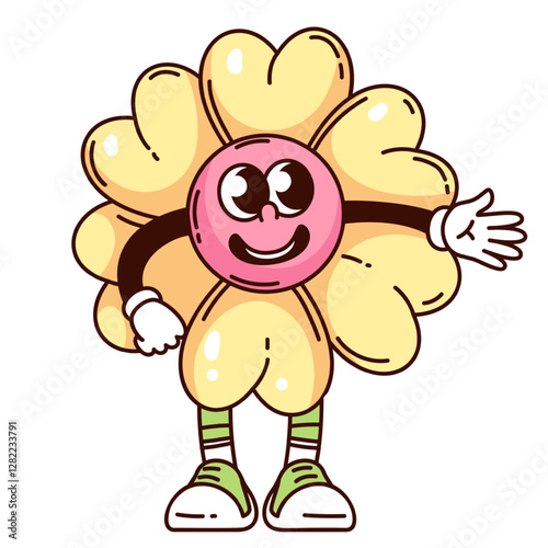 Groovy flower cartoon character pointing hand with smile. Funny retro daisy with yellow petals and pink face. Summer mascot, cartoon psychedelic flower sticker of 70s 80s style vector illustration