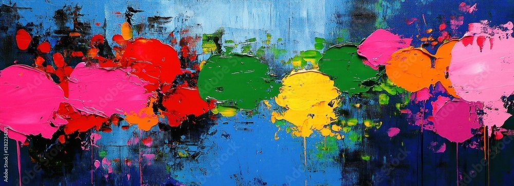 Vibrant Abstract Pop Art Painting with Red Pink Green Splashes on Blue Canvas Vibrant Abstract Pop Art Painting with Red Pink Green Splashes on Blue Canvas