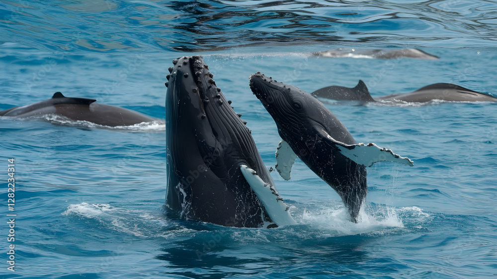 Fototapeta premium AI generative photo of a mother humpback whale and her calf in the ocean near Tonga. The mother whale is lifting her calf up to the surface for air. The calf is playfully splashing water.
