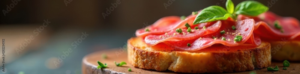 Thinly sliced cured meat on toasted bread with a sprinkle of grana salumi, cheese plate, cured meat Thinly sliced cured meat on toasted bread with a sprinkle of grana salumi, cheese plate, cured meat