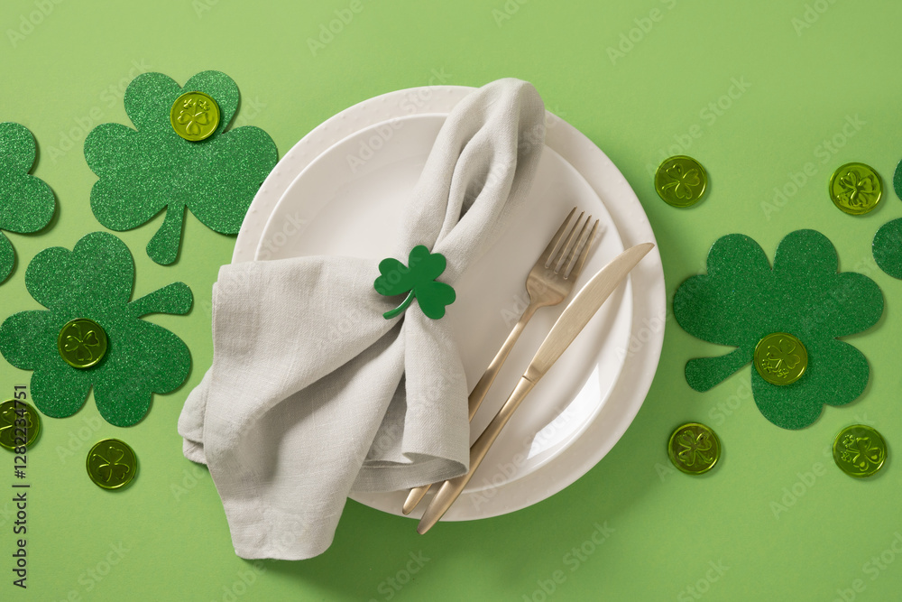 St Patrick's Day table setting with white plate and traditional decoration, shamrock, clover leaves and coins on green background. View from above. Banner.