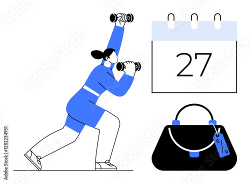 Woman lifting dumbbells while lunging, calendar displaying date 27, and handbag. Ideal for fitness planning, time management, daily routine, physical health, busy lifestyle, exercise goals balanced