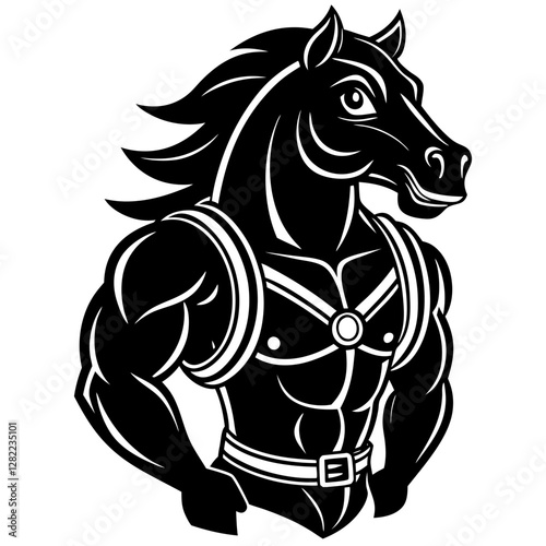 Strong Workhorse with Harness - Vector Illustration, Clipart & Line Art Design, Strong workhorse vector illustration with harness, perfect for clipart, cartoons, and line art designs.