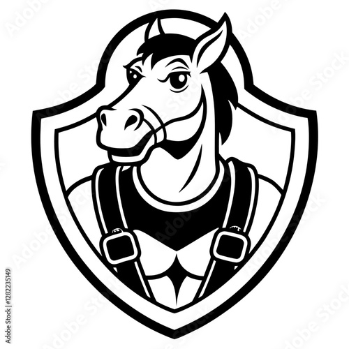 Strong Workhorse with Harness - Vector Illustration, Clipart & Line Art Design, Strong workhorse vector illustration with harness, perfect for clipart, cartoons, and line art designs.