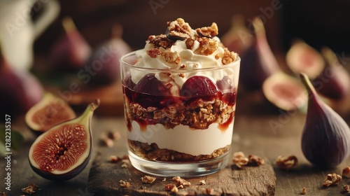 Parfait in a glass with fig slices, creamy layers, and a honey drizzle, captured in warm lighting with scattered fresh figs nearby.