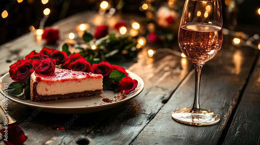 Romantic dessert pairing featuring a rose-flavored cheesecake and a glass of sparkling ros, styled with a bouquet of fresh red roses. Romantic dessert pairing featuring a rose-flavored cheesecake and a glass of sparkling ros, styled with a bouquet of fresh red roses.