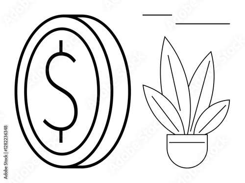 Dollar coin beside potted plant symbolizing financial growth, savings, prosperity, sustainability, eco-friendly investments, economic stability. Ideal for finance, investment, business growth