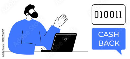 Man in blue clothing interacting with a laptop. Binary code and cash back text signify digital transactions. Ideal for finance, technology, online payment, banking, e-commerce, rewards, and savings