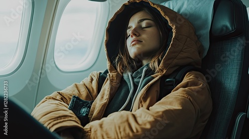 Tired woman in casual clothes napping on an airplane, with her hoodie pulled over her head and arms crossed for comfort.