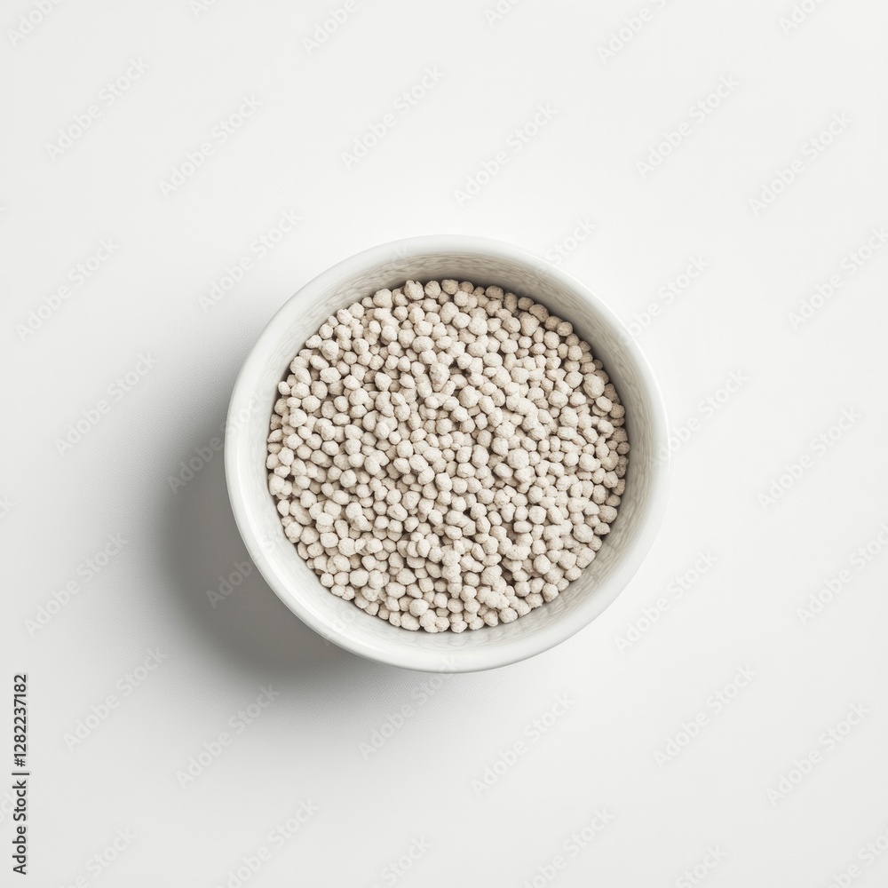 White ceramic bowl filled with white granular substance on neutral background White ceramic bowl filled with white granular substance on neutral background
