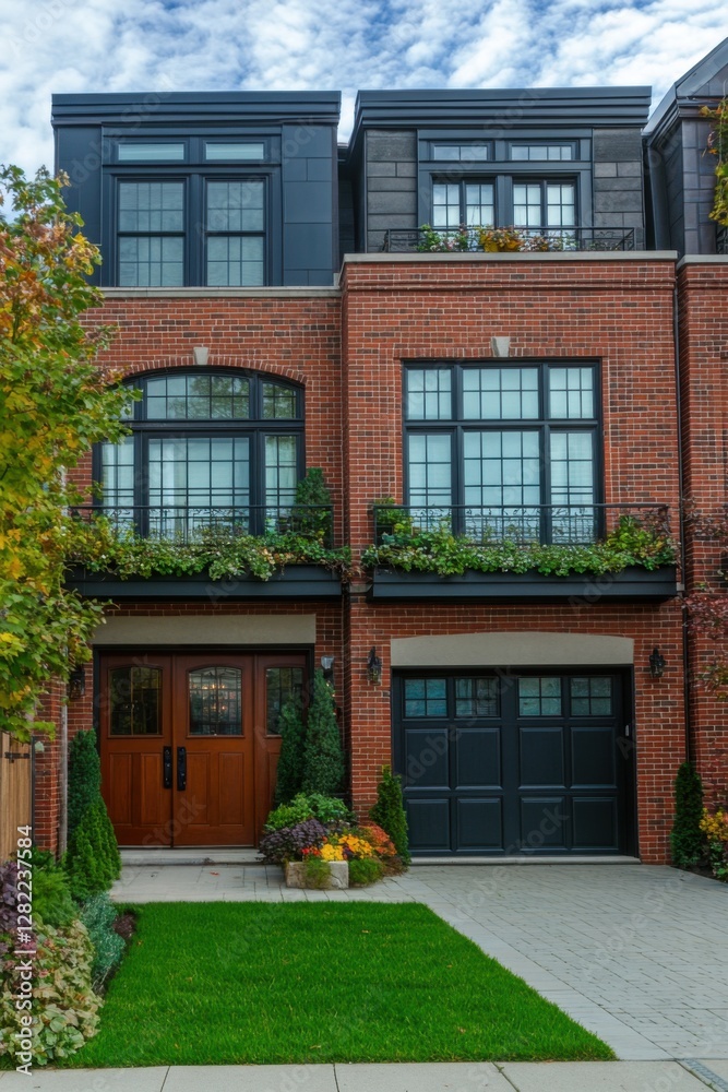 Beautiful red brick townhouse with modern features and lush greenery in a vibrant neighborhood during autumn in the afternoon Beautiful red brick townhouse with modern features and lush greenery in a vibrant neighborhood during autumn in the afternoon