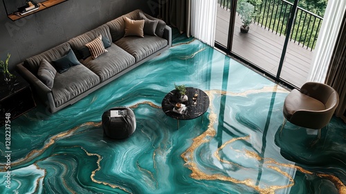 deep green marble epoxy floor, subtle gold veins for a nature-inspired luxurious feel