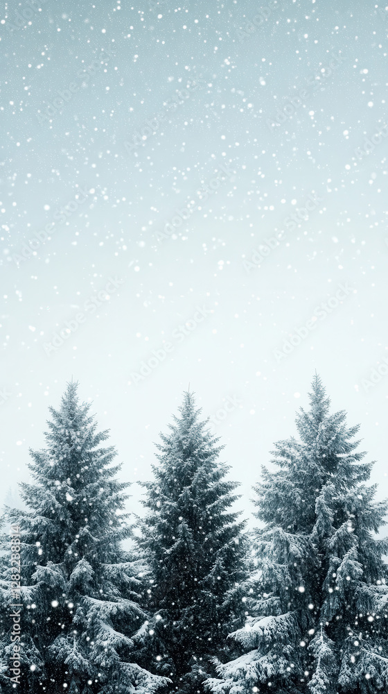 Obraz premium Snowy Forest Scene with Evergreen Trees and Falling Snowflakes