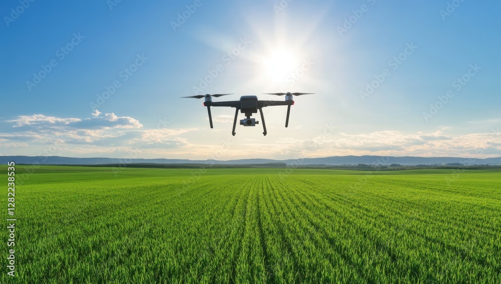 Drone flying over lush green farmland under a bright blue sky Drone flying over lush green farmland under a bright blue sky