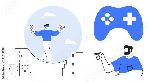 Man balances ideas and teamwork concept with lightbulb and handshake, while large game controller signifies gaming. Ideal for creativity, cooperation, digital innovation, gaming culture, modern tech