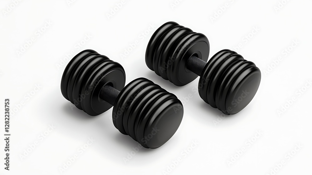 Pair of Black Dumbbells for Strength Training and Fitness Workouts on a White Background Surface Pair of Black Dumbbells for Strength Training and Fitness Workouts on a White Background Surface