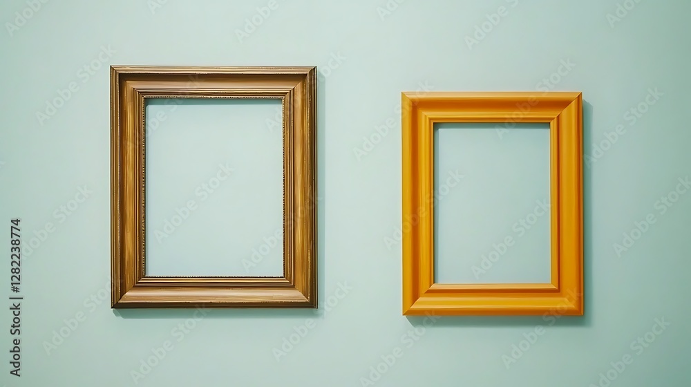 Pair of Empty Picture Frames in Brown and Yellow hanging on Light Blue Wall Space for Artwork Display Pair of Empty Picture Frames in Brown and Yellow hanging on Light Blue Wall Space for Artwork Display