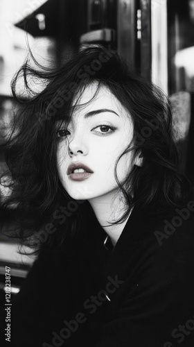 Captivating Young Woman with Wild Hair in Black and White Portrait