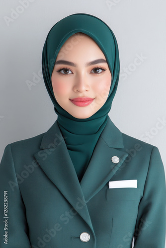 Confident Young Woman in Green Suit and Hijab Portrait with Smile