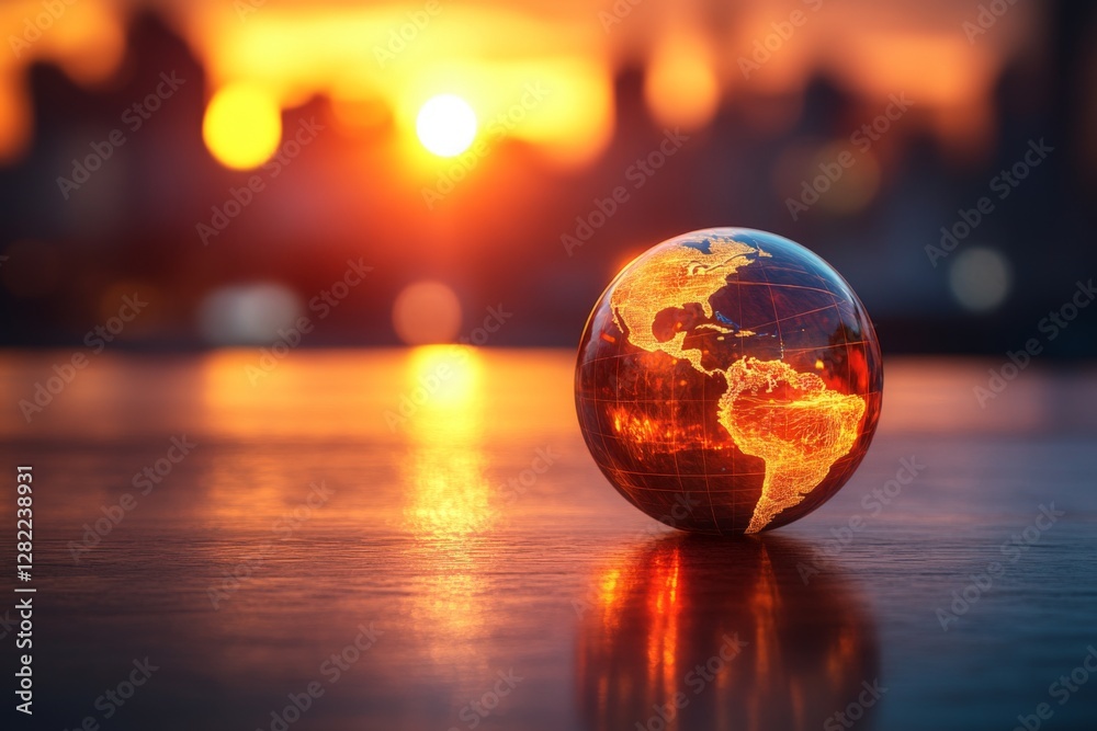 Glowing globe sits on a reflective surface as the sun sets behind a city skyline, creating a warm atmosphere