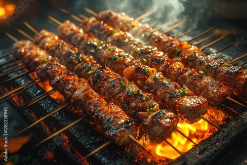 Indonesian Chicken Satay Traditional Cooking over Charcoal Flames