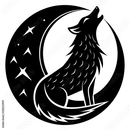  Modern Wolf Howling at the Moon Vector Illustration – Clipart & Line Art Design,  Modern wolf howling at the moon vector clipart, perfect for digital designs, tattoos, and branding.