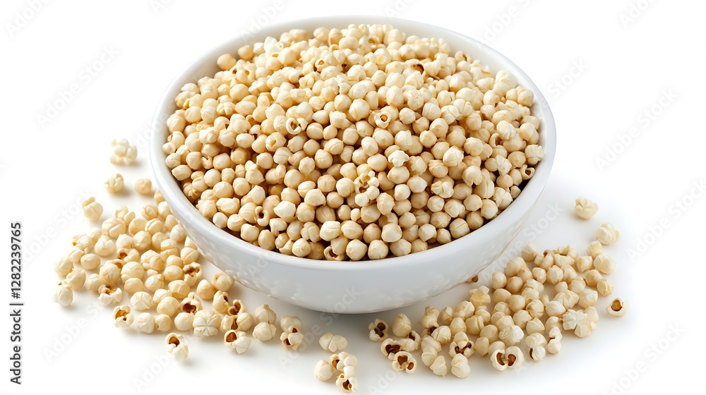 Popped Sorghum Delights in White Bowl Crisp and Healthy Refreshment Snack Goodness Clean Background Isolated Popped Sorghum Delights in White Bowl Crisp and Healthy Refreshment Snack Goodness Clean Background Isolated
