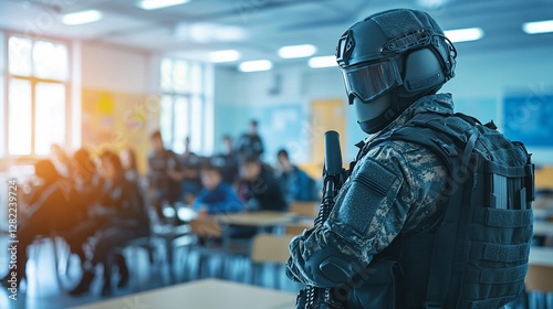 Wallpaper Mural Soldier guarding students inside classroom during terrorist attack drill Torontodigital.ca