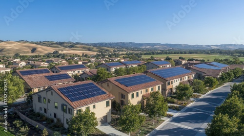 A community solar array in a rural village, with panels on rooftops providing clean energy to nearby homes under clear skies.

