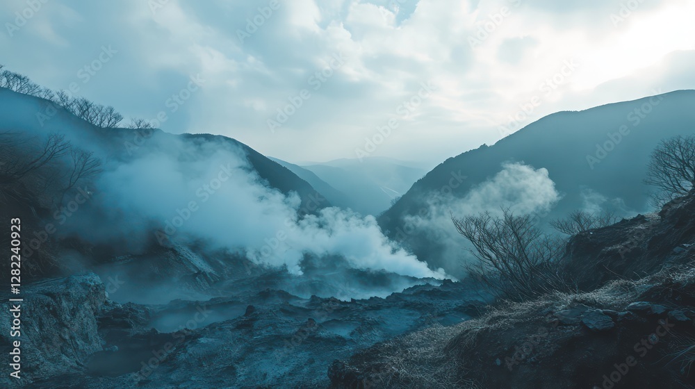 Fototapeta premium dramatic Japanese scenery featuring volcanic landscapes, steam rising from hot springs, and rugged terrain