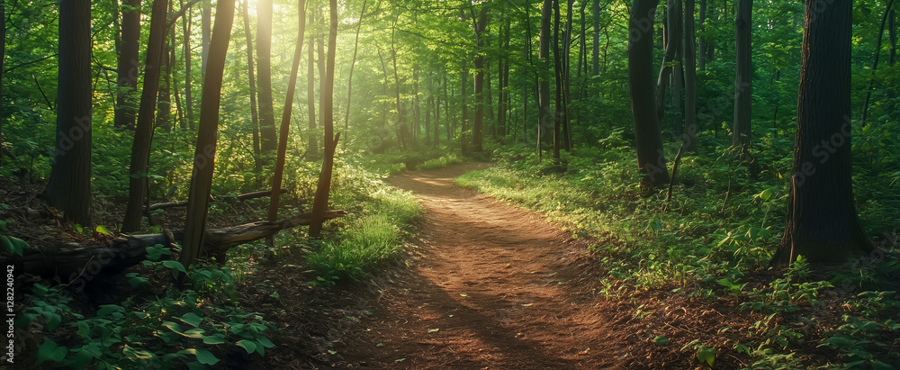 Fototapeta premium Scenic forest path illuminated by sunlight in a green setting