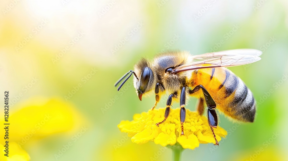 Bee pollinating yellow flower, garden, sunny day, nature background